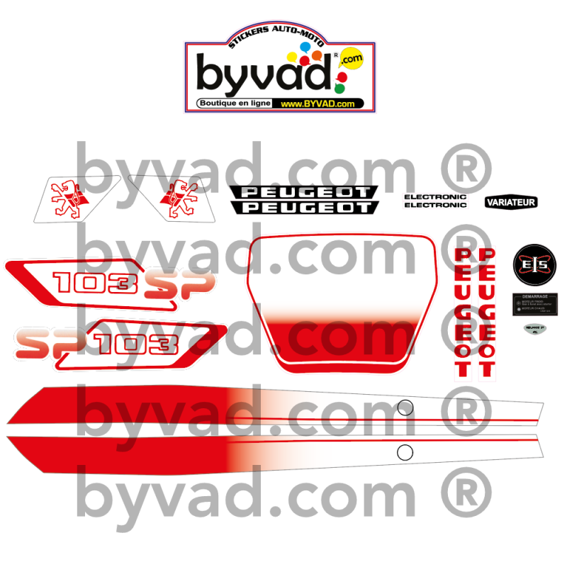 Kit autocollants Peugeot 103 SP Phase 3 Blanc et Rouge