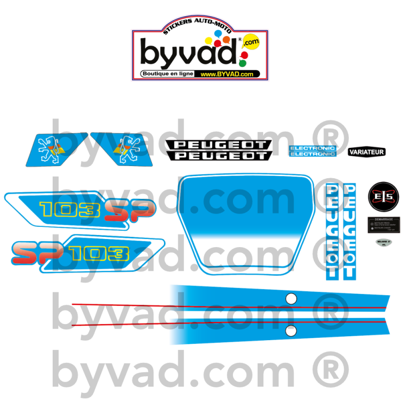 Kit autocollants Peugeot 103 SP Phase 3 Bleu et Blanc