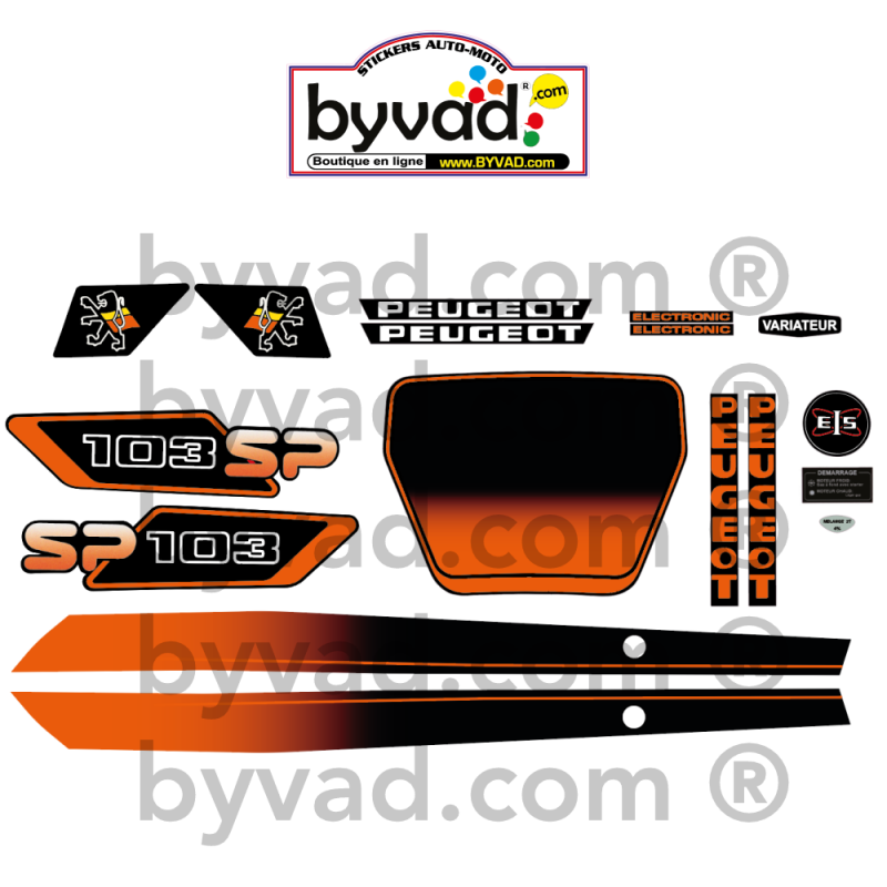 Kit autocollants Peugeot 103 SP Phase 3 Noir et Orange