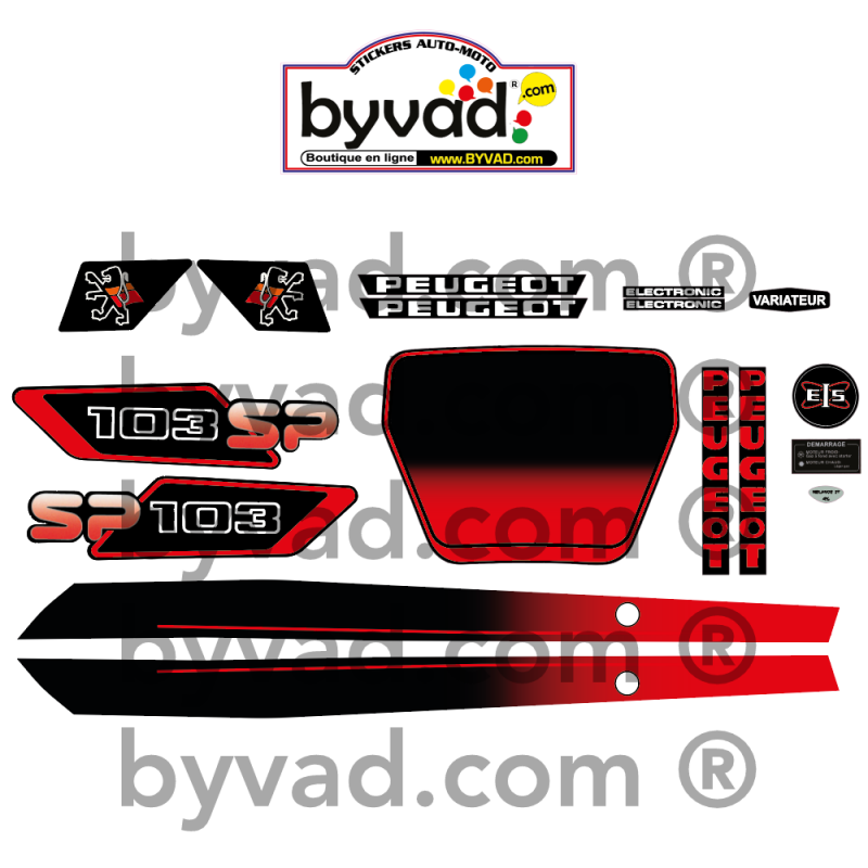 Kit autocollants Peugeot 103 SP Phase 3 Noir et Rouge