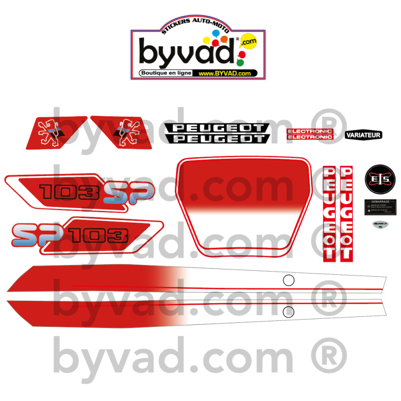 Kit autocollants Peugeot 103 SP Phase 3 Rouge et Blanc